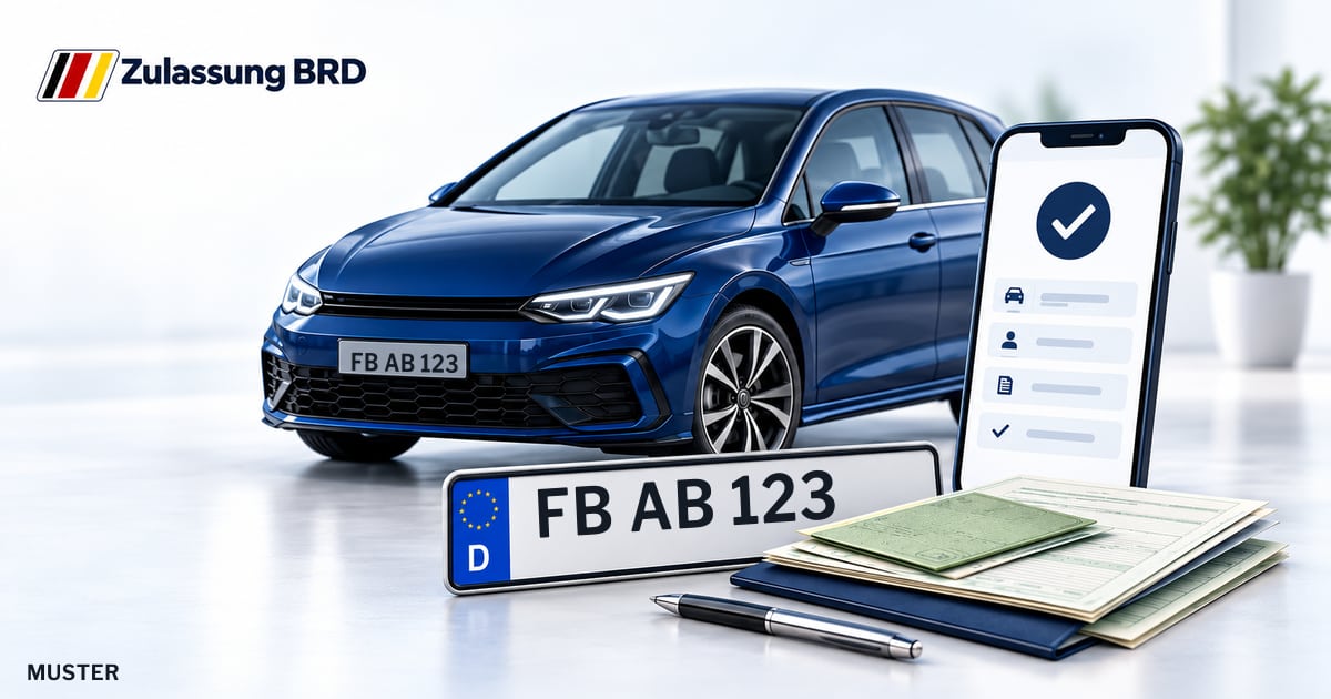 Online Fahrzeugzulassung in Echzell: Musterkennzeichen FB AB 123, Auto und Fahrzeugpapiere und Smartphone. Illustration mit Logo von Zulassung BRD.